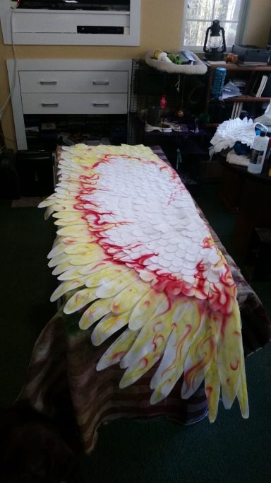 Colorful wings with red and yellow accents laid out on a table.