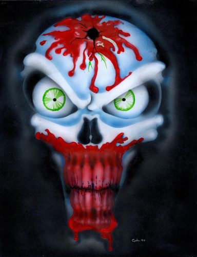 A menacing skull with glowing green eyes, dripping red paint and a bullet hole.