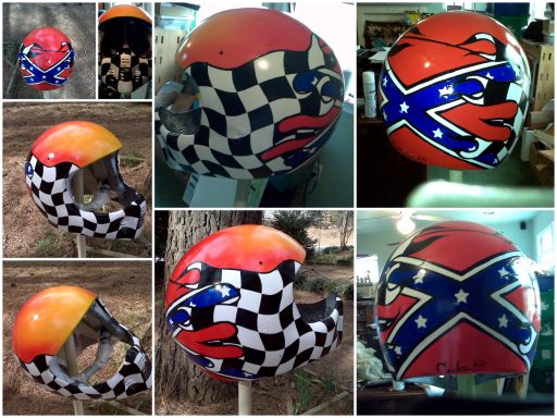 Various motorcycle helmets featuring colorful designs, including checker patterns and a Confederate flag.