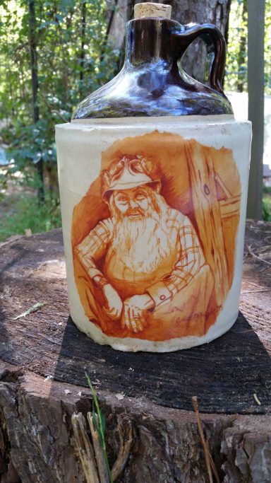 Whisky jug in honor of Popcorn the moonshiner