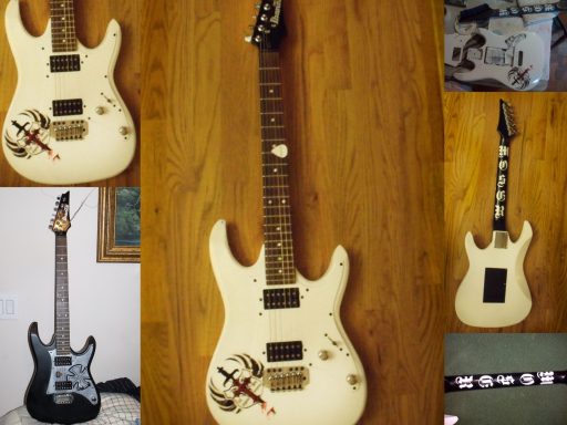 White electric guitar with decorative elements, surrounded by various angles of another guitar.